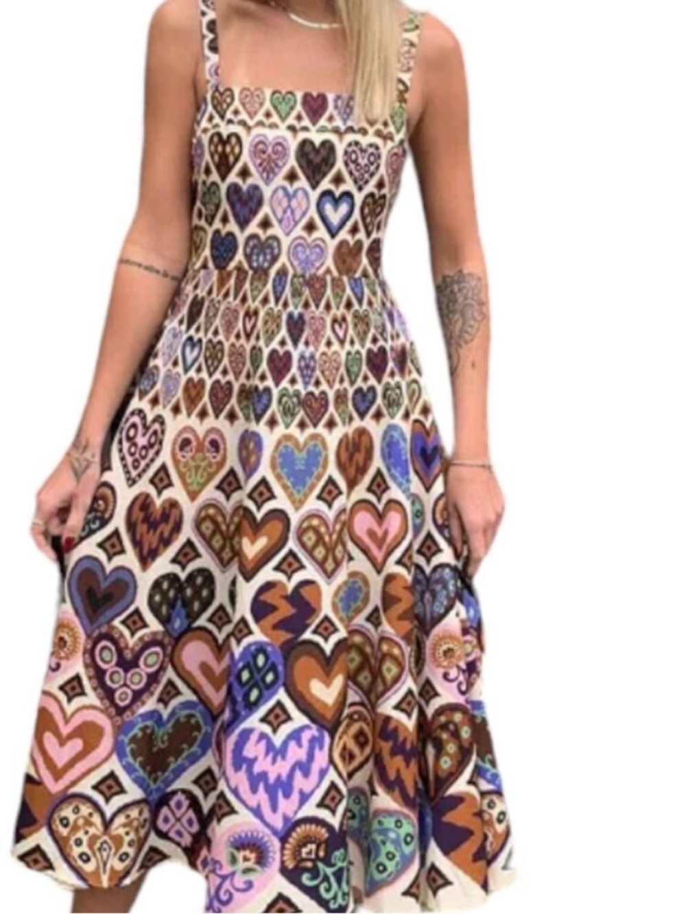 FARM Rio Multicolor Heart-Print Sleeveless Midi Dress